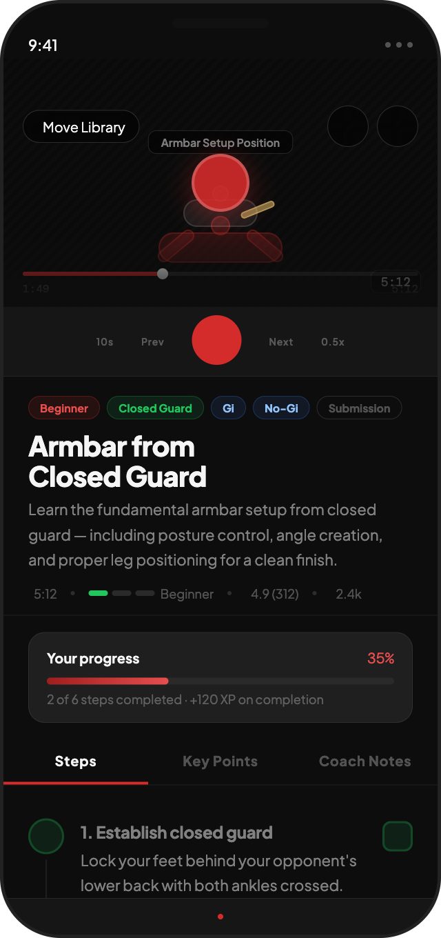 Move detail — video, tags, and step-by-step progress with coach notes