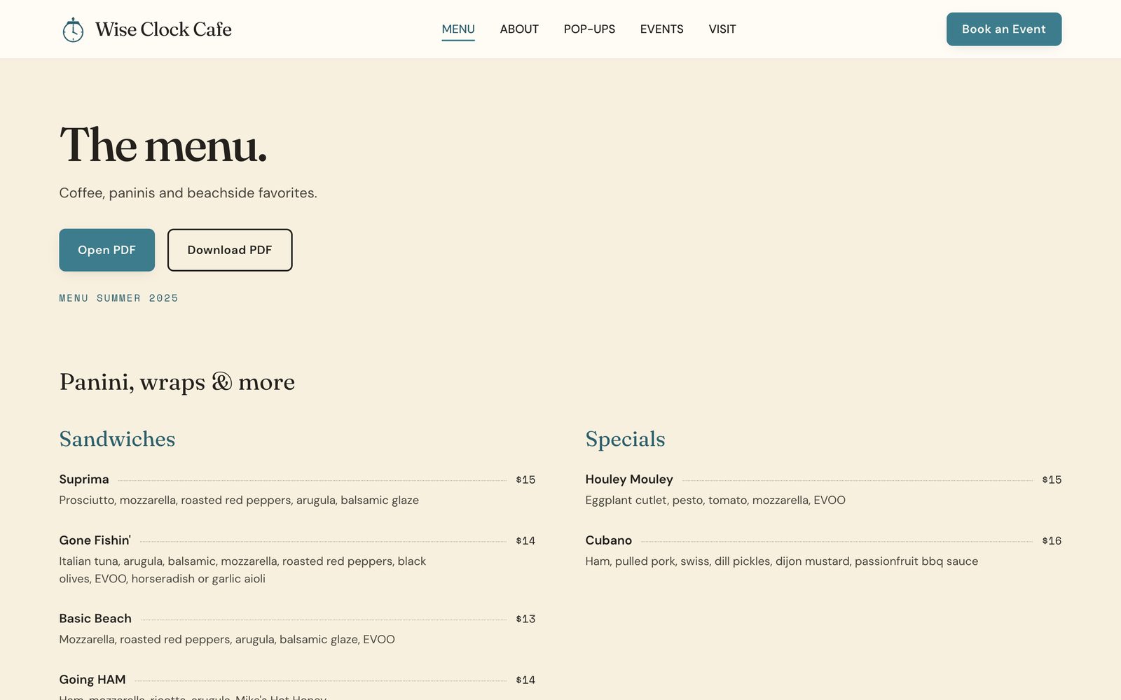 Menu — transcribed from the Summer 2025 PDF, which stays downloadable